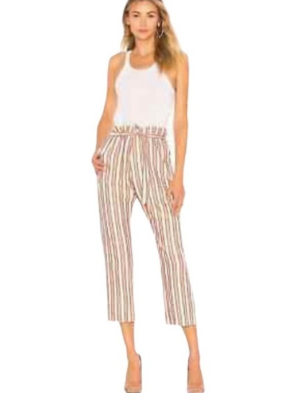 The Great. Convertible Crop Paperbag Trouser Pants in Pink Stripe Size M